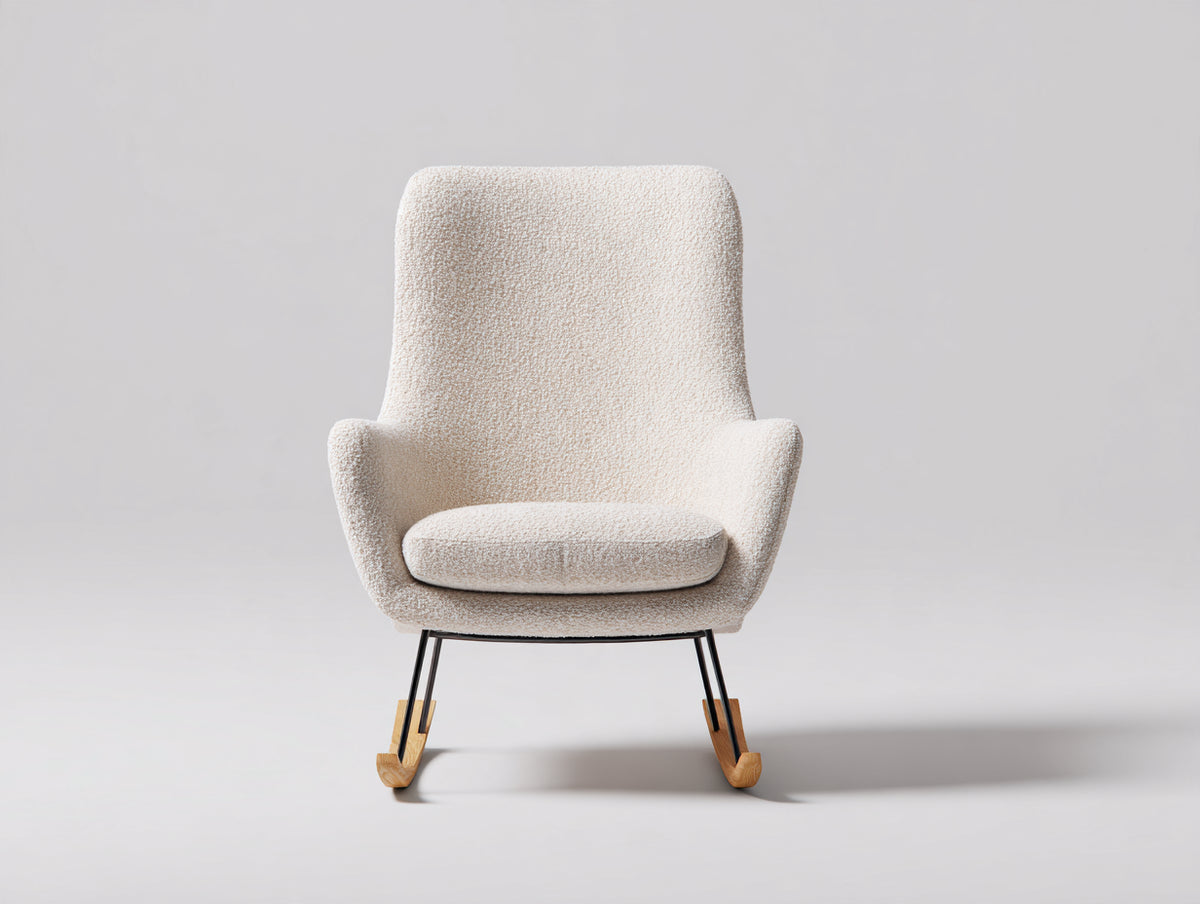 Fauteuil à bascule - tissu bouclé-métal-bois - 82 x 78 x 100 cm - crème-noir-bois naturel - design minimaliste à dossier haut