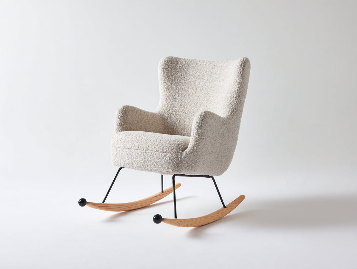 Fauteuil à bascule - tissu bouclé-métal-bois - 88 x 82 x 106 cm - crème-noir-bois naturel - design contemporain enveloppant