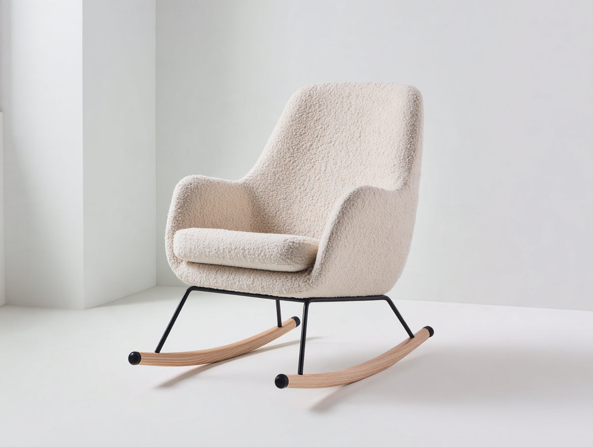 Fauteuil à bascule - tissu bouclé-métal-bois - 87 x 82 x 101 cm - crème-noir-bois naturel - design contemporain à dossier haut