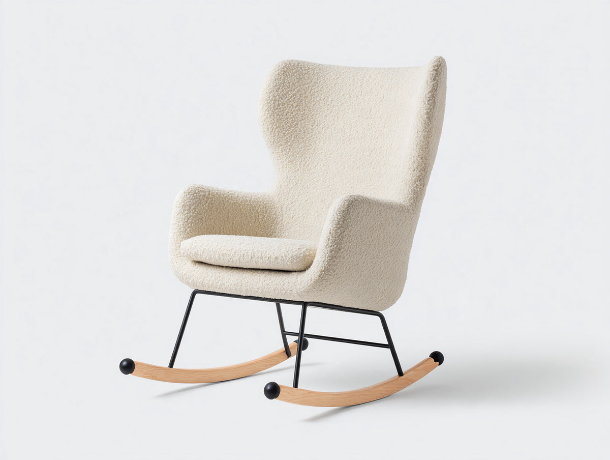 Fauteuil à bascule - tissu bouclé-métal-bois - 90 x 84 x 110 cm - crème-noir-bois naturel - design contemporain à dossier haut