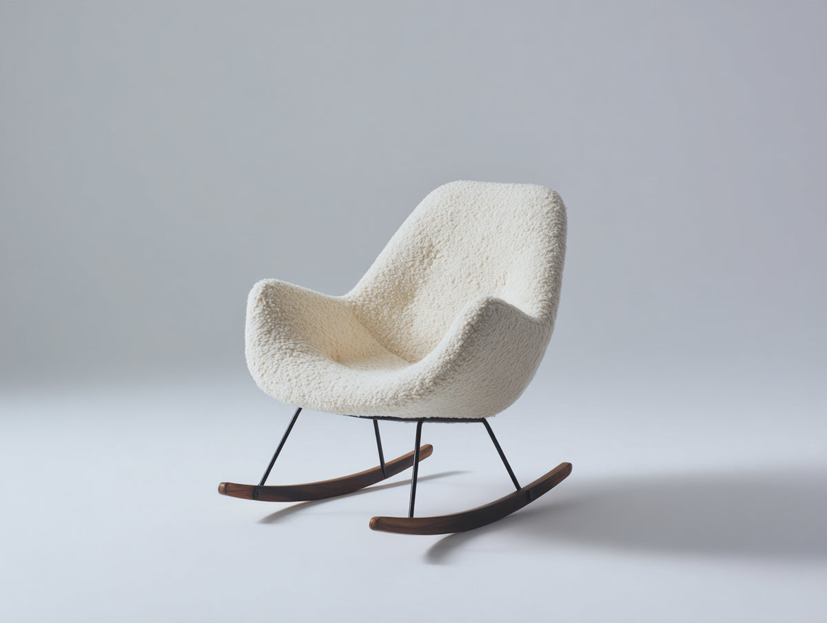 Fauteuil à bascule - tissu bouclé-métal-bois - 86 x 83 x 97 cm - crème-noir-bois foncé - design minimaliste enveloppant