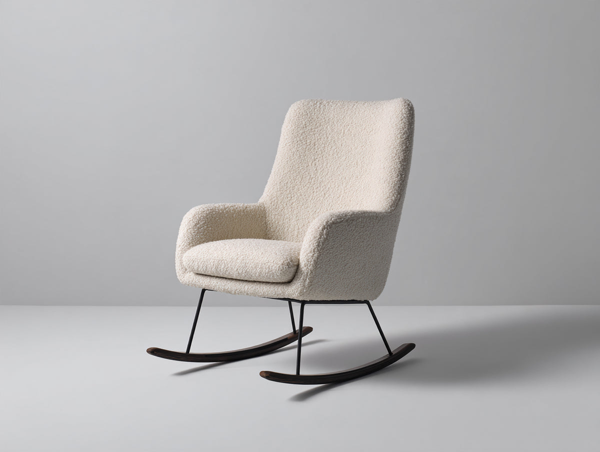 Fauteuil à bascule - tissu bouclé-métal-bois - 86 x 80 x 103 cm - crème-noir-bois foncé - design contemporain élancé