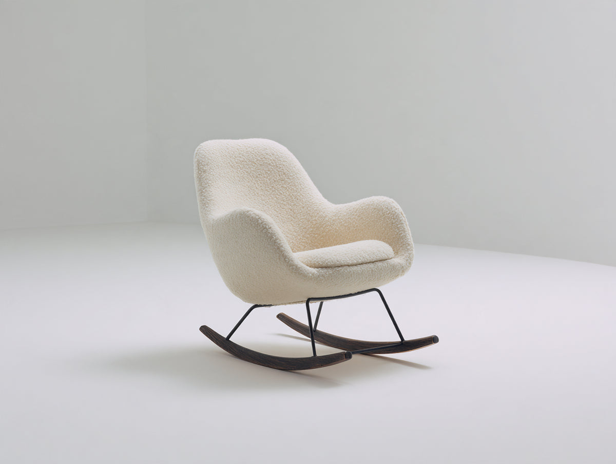 Fauteuil à bascule - tissu bouclé-métal-bois - 83 x 81 x 95 cm - crème-noir-bois foncé - design moderne compact