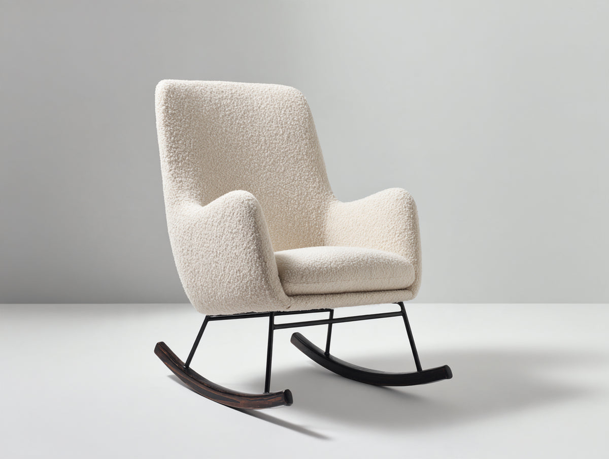 Fauteuil à bascule - tissu bouclé-métal-bois - 89 x 83 x 107 cm - crème-noir-bois foncé - design contemporain à dossier haut