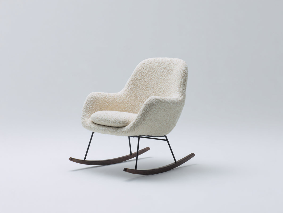 Fauteuil à bascule - tissu bouclé-métal-bois - 85 x 82 x 98 cm - crème-noir-bois foncé - design contemporain enveloppant