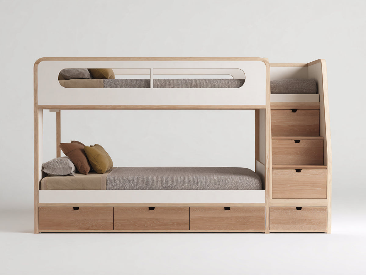 Lits superposés - bois - 255 x 105 x 180 cm - blanc-naturel - style contemporain avec escalier intégré