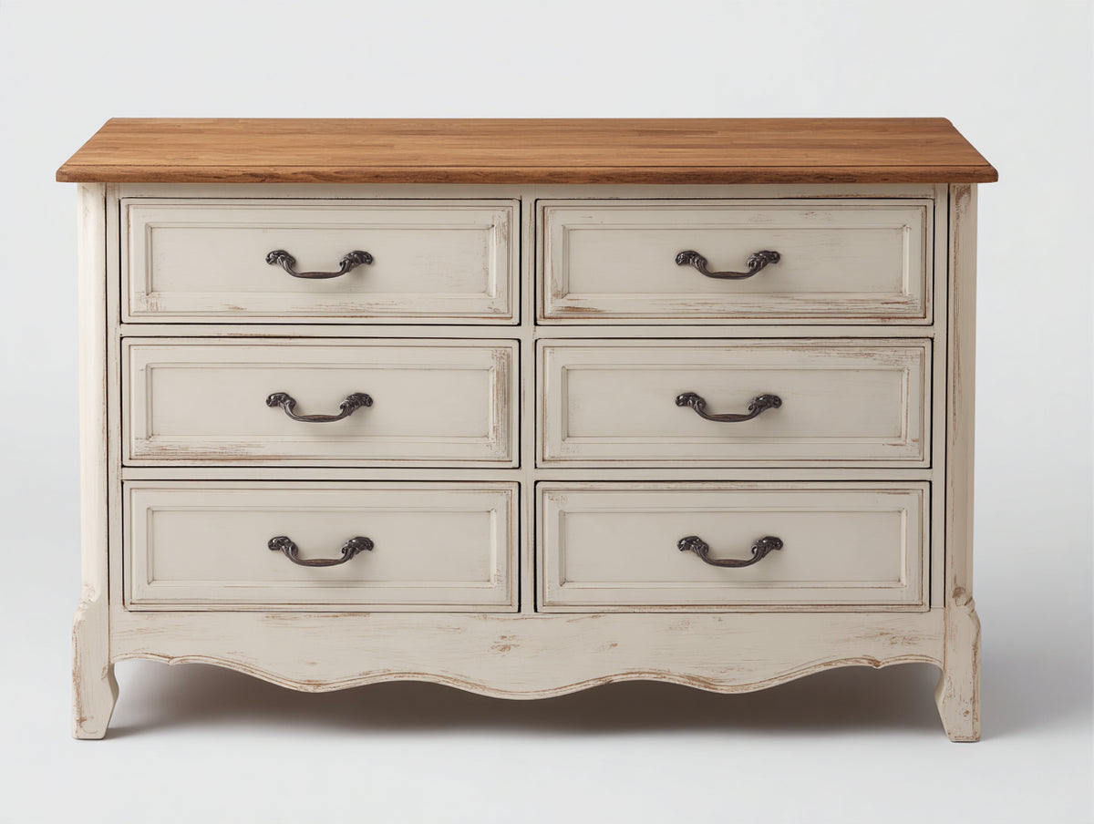 Commode - bois-métal - 125 x 45 x 85 cm - blanc cassé-naturel - style campagne vintage