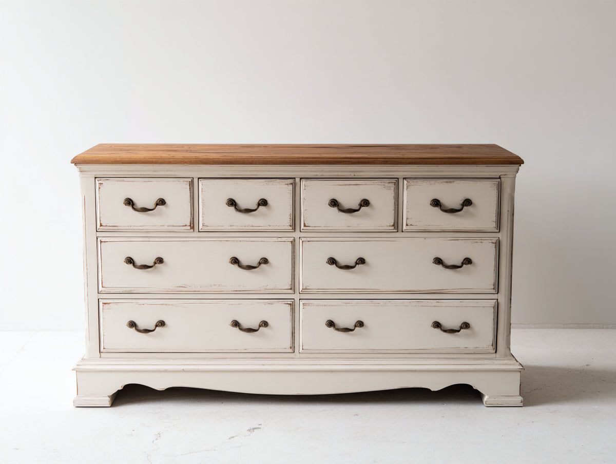 Commode - bois-métal - 150 x 48 x 90 cm - blanc cassé-naturel - style campagne vintage